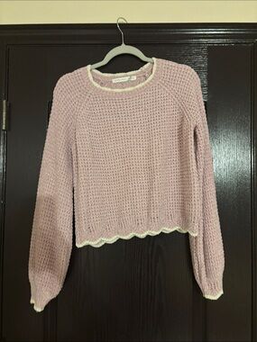 Altar'd State Pink Waffle-Knit Crewneck Sweater with Cream Scallop Trim